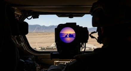 Male soldier looking through a military vehicle scope, viewing a tank against a desert sunset. Concept of war and army operations.