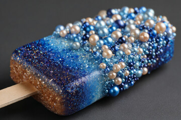 Colorful ice pop with blue and pearl embellishments resting on a dark surface