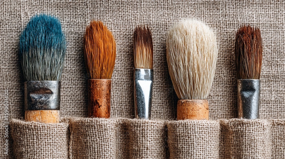 Poster five brushes of various colors and textures arranged neatly on burlap background