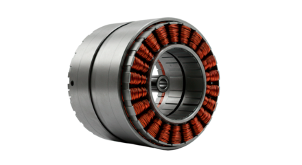 Close up of an electric motor stator with copper windings and metal housing on a black background
