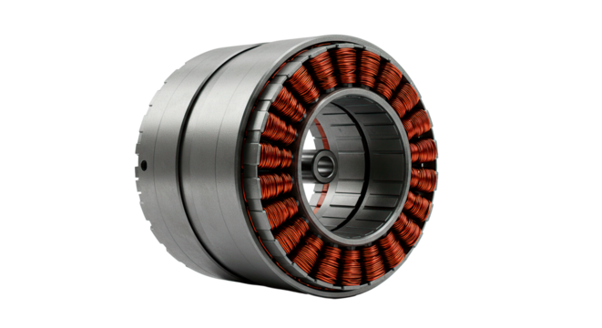 Close up of an electric motor stator with copper windings and metal housing on a black background