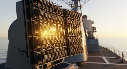 Naval ship radar array on an ocean at sunset. Aegis Combat System. Electronic warfare and maritime defense.