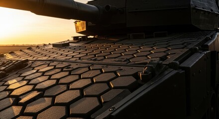 Close up of a modern battle tank with reactive armor blocks during sunset field training. Military vehicle for defense concept.
