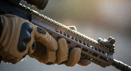 Close up of a man in tactical gloves holding an assault rifle. Military weapon at shooting range. Army, security, or tactical training concept.