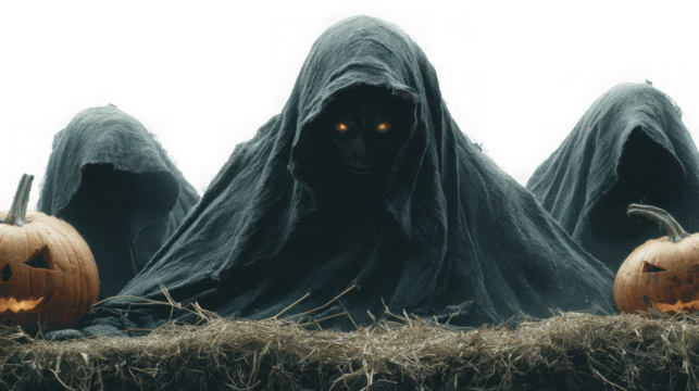 Three spooky hooded figures with glowing eyes among carved pumpkins isolated on transparent background