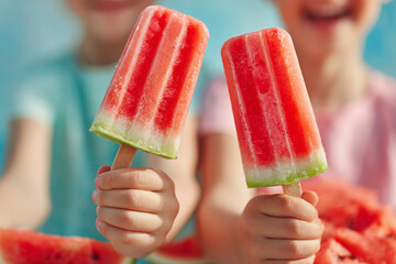 Young children enjoy colorful watermelon popsicles during a sunny afternoon in a backyard setting