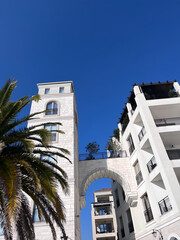 White building against blue sky and palm trees