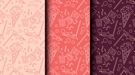 Set of seamless celebration patterns in outline style with red monochrome palette. Ideal for wrapping, invites, and party-themed design assets