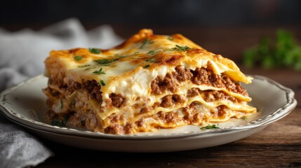 Layered lasagna bolognese with rich meat sauce, pasta sheets, creamy bechamel. Fresh parsley garnish. Rustic wooden table setting highlighting traditional italian comfort food