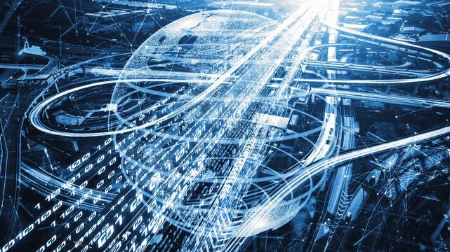 Smart transportation in tacit futuristic city with online traffic control system . Concept of smart digital transformation and technology disruption that changes global trends in new information era .