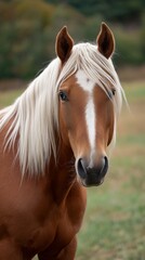 Obraz premium Palomino horse sporting white blaze, flowing flaxen mane grazing peacefully in lush green meadow under bright sunlight