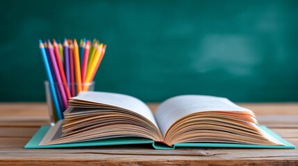 Open book lying on wooden desk, colorful pencils in glass container, chalkboard background highlighting educational creativity and inspirational learning environment