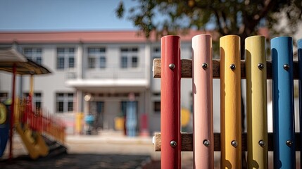 Obraz premium Colorful playground xylophone fence in front of school