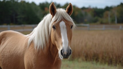 Obraz premium Palomino horse with flaxen mane gleaming, standing proudly amid grassy farmland, wooden fence and blurred trees creating serene pastoral landscape