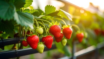 Fresh strawberries growing in a greenhouse