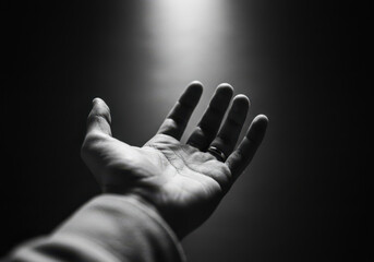 A hand reaches up in a dark space, illuminated by a single beam of light in monochrome