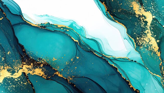 Abstract swirling teal and gold fluid art