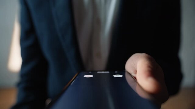 Closeup finger pressing unlock button on smartphone at apartment. Access device