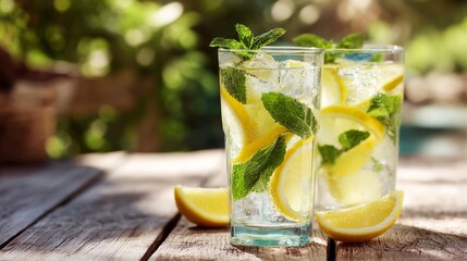 Chilled lemon mint water in glasses on an outdoor wooden table with text space