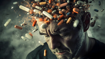 hombre deprimido triste y desesperado con un mundo de pastillas en su cabeza para el dolor y la desesperanza cuidado de la salud mental ansiedad y estres 