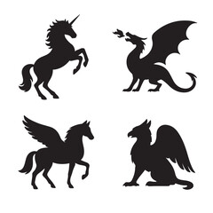 Mythical Creatures Silhouette Collection Featuring Unicorn Dragon Pegasus and Griffin.