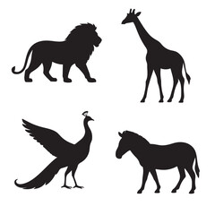 Silhouetted Safari Animals a Lion, Giraffe, Zebra, and Peacock.