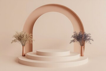 Minimalist 3D Product Podium with Arch and Neutral Floral Decor