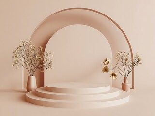 Minimalist 3D Product Podium with Arch and Neutral Floral Decor