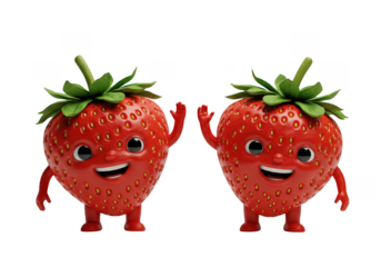 Two animated strawberries with faces and limbs wave their arms on a plain surface area view on transparent background