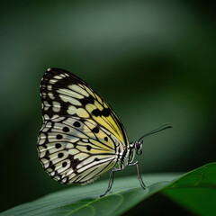 Fototapeta premium A delicate butterfly with black and white patterned wings rests on a green leaf