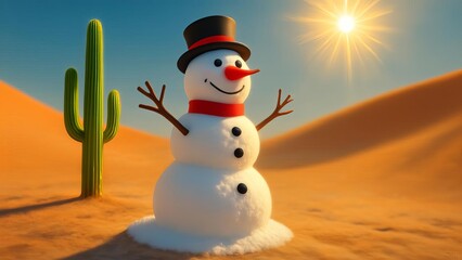 Fototapeta premium Glittering Snowman Standing Brightly in Sunlit Desert Landscape