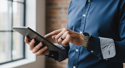 Obraz premium Man in blue shirt using a tablet wearing a watch and ring with a blurred background