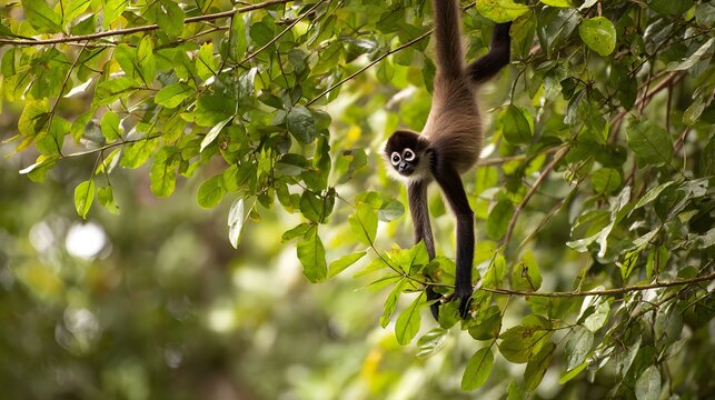 Spider monkey hanging upside down from a tree branch surrounded by green leaves