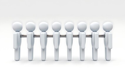 A row of eight identical white plastic figures resembling simplified human shapes standing upright on a metal bar against a clean white background