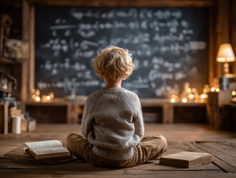 A child with blonde hair sits cross-legged on the wooden floor, facing a chalkboard filled with mathematical equations in a cozy, warmly lit room.