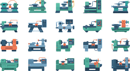 "Mechanical Lathe Machine Vector Icons – Industrial Engineering Tool Symbols Set on White Background"

