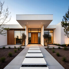 Modern luxury residence with clean lines and a welcoming entryway at dusk