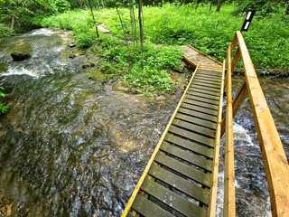 A wooden footbridge spans a fast-flowing river, leading to boardwalk across a marsh surrounded by...