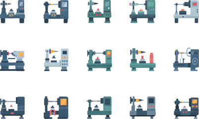 Flat Vector Icon Set of Mechanical Lathe Machines – Industrial Tool Collection for Engineering and Manufacturing"