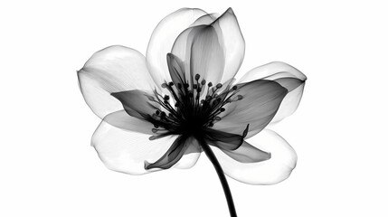 Abstract transparent black flower in x-ray style scan on white background isolated. minimalistic monochrome design, inverted black and white, transparency, generative ai. inverted scan. Illustration