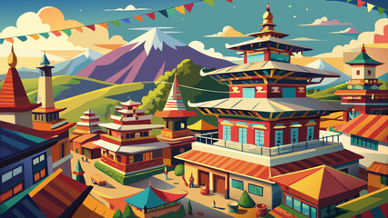Kathmandu, Nepal – Himalayan foothills surround temples and busy alleys. Colorful prayer flags and historic architecture enrich this spiritual vector filled with texture and motion.