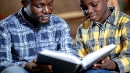 Father and son bonding over a book together in a library setting