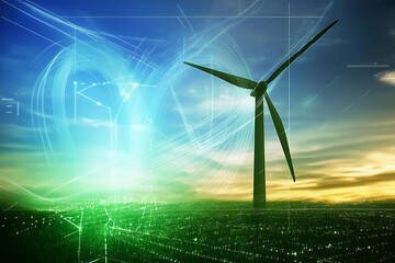 
Renewable energy design..Digital graphic work on green energy power Production. Windmill and graphic diagram of air currents that produce green energy. Green energy power production it is future.


