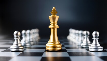 a gold chess king stands out against a blurred background of silver chess pieces concept of leadership strategy and success