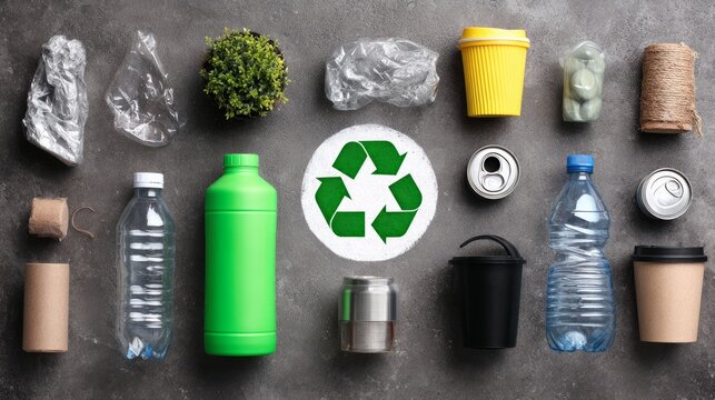 Various trash items surround a recycling icon on a gray surface viewed from above