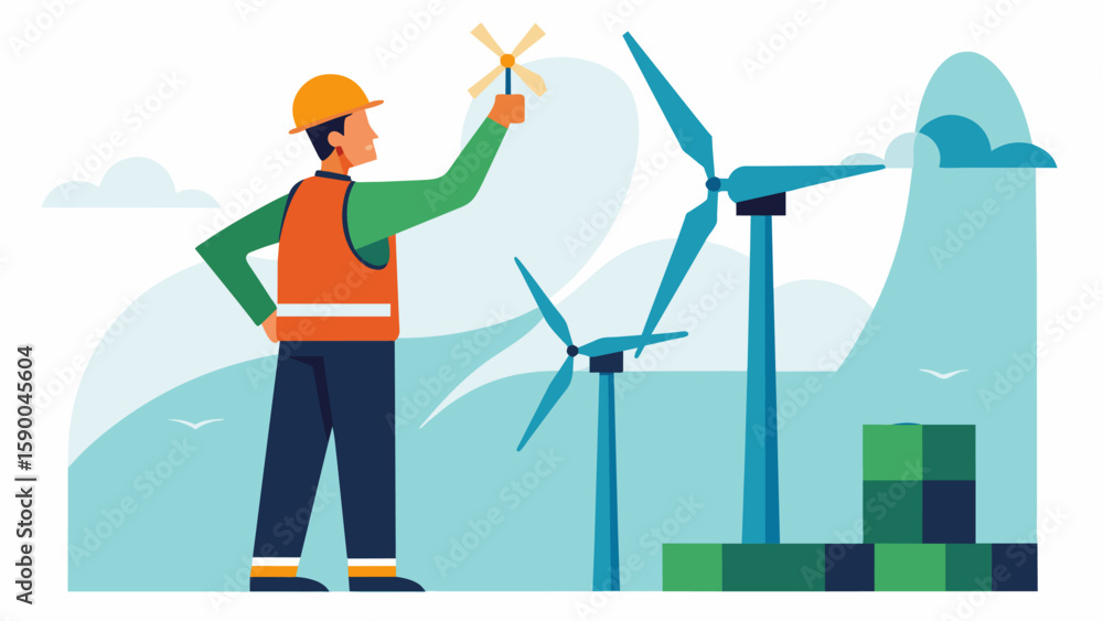 Poster a worker conducting a safety inspection on a newly assembled wind turbine making sure all parts are 