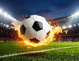 Soccer ball in flames over stadium