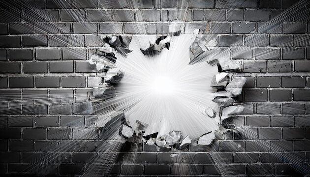 white brick wall with an explosion effect in the center background is white and black