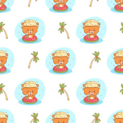 Seamless pattern with Cute bear in inflatable pool ring watermelon with drink on white background. Funny summer Animal Beach kawaii character. Vector illustration. Kids collection. Not AI