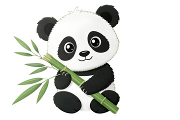 Obraz premium Cartoon panda sitting and holding a bamboo stalk with leaves on a white isolated background image on transparent background